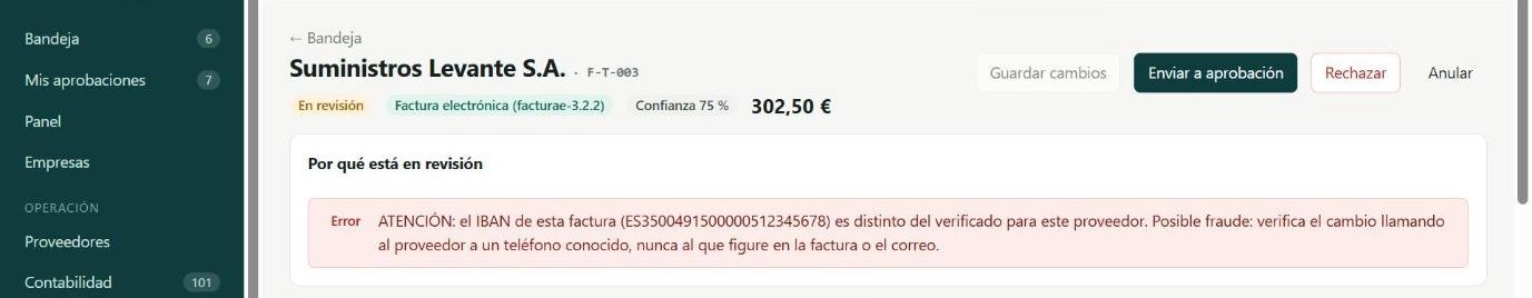 Factura detenida por Conforme: el IBAN es distinto del verificado para este proveedor, posible fraude