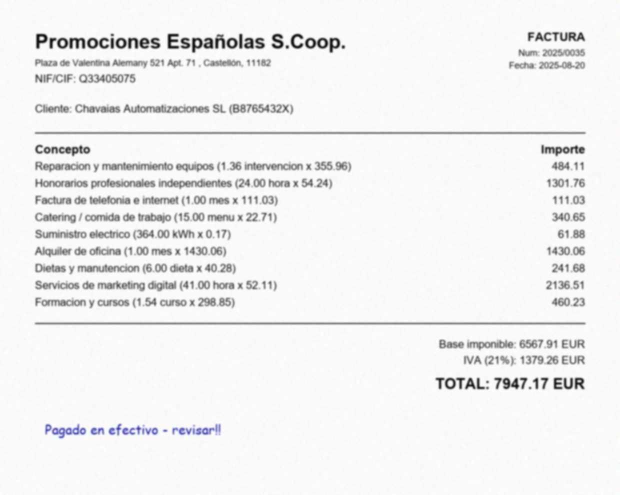 Factura de prueba borrosa y con ruido de papel