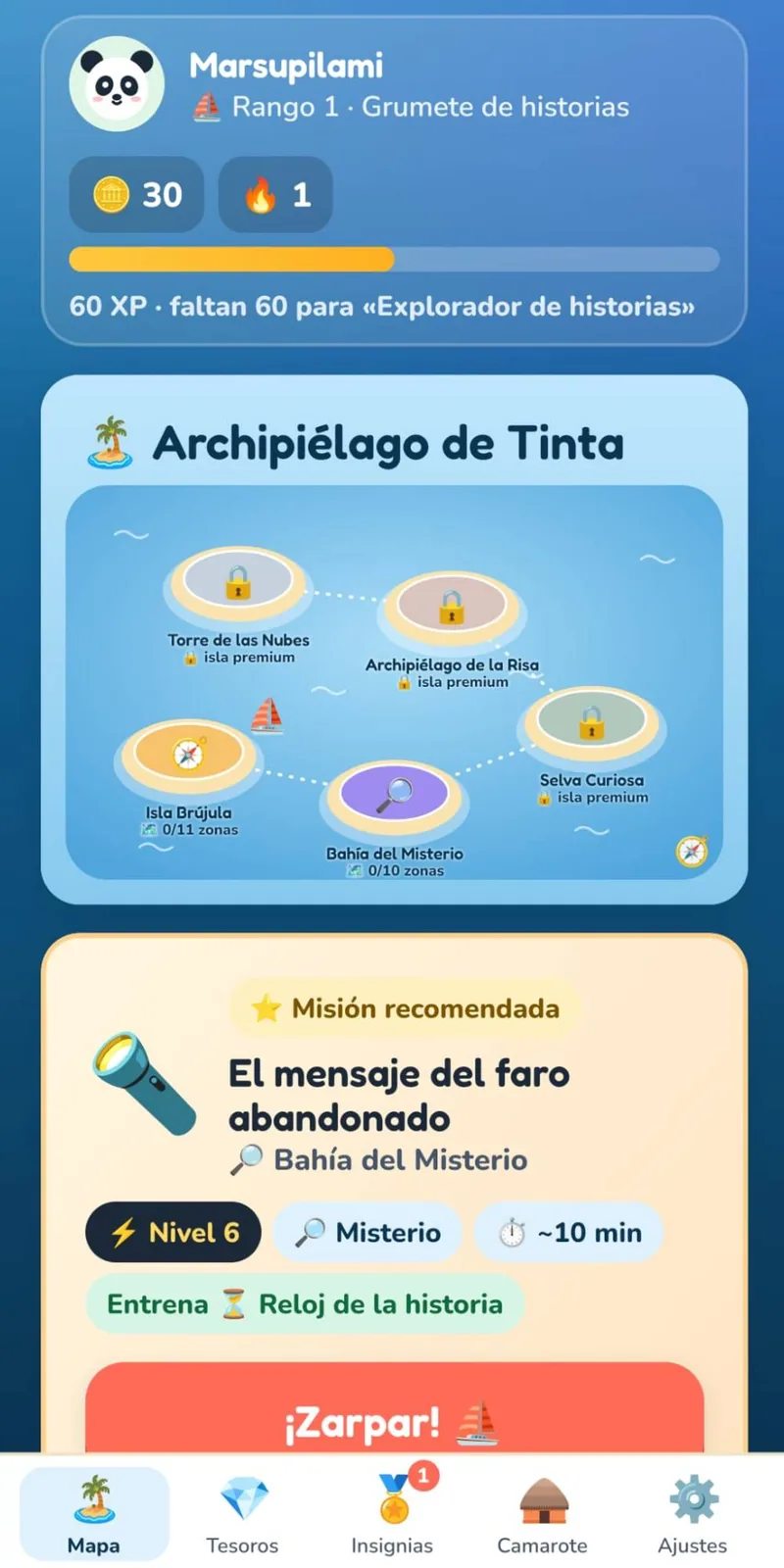 Captura del mapa del Archipiélago de Tinta con cinco islas y la misión recomendada