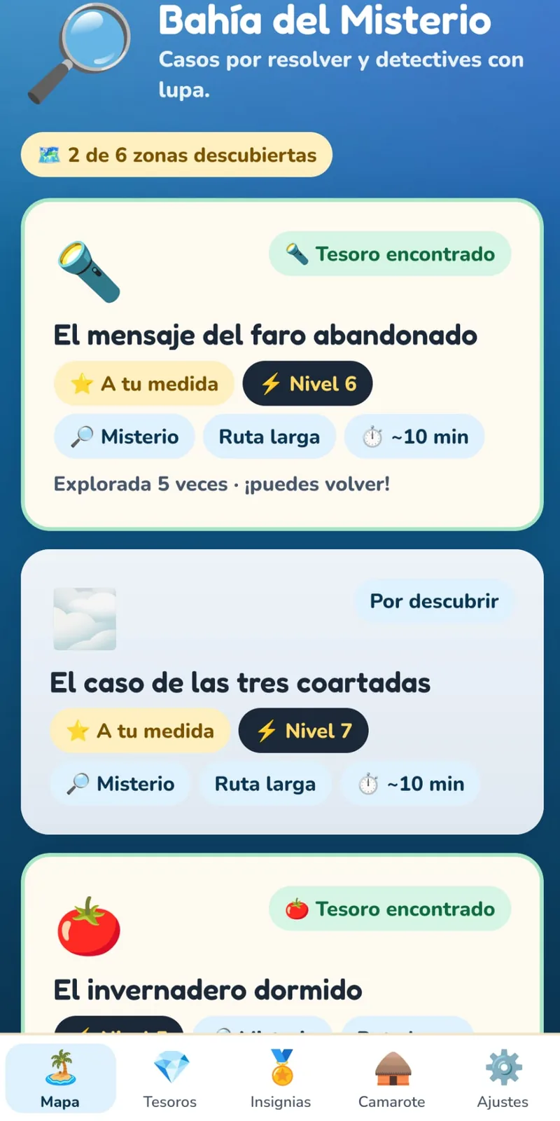 Captura de una isla con textos por descubrir, nivel y tiempo estimado
