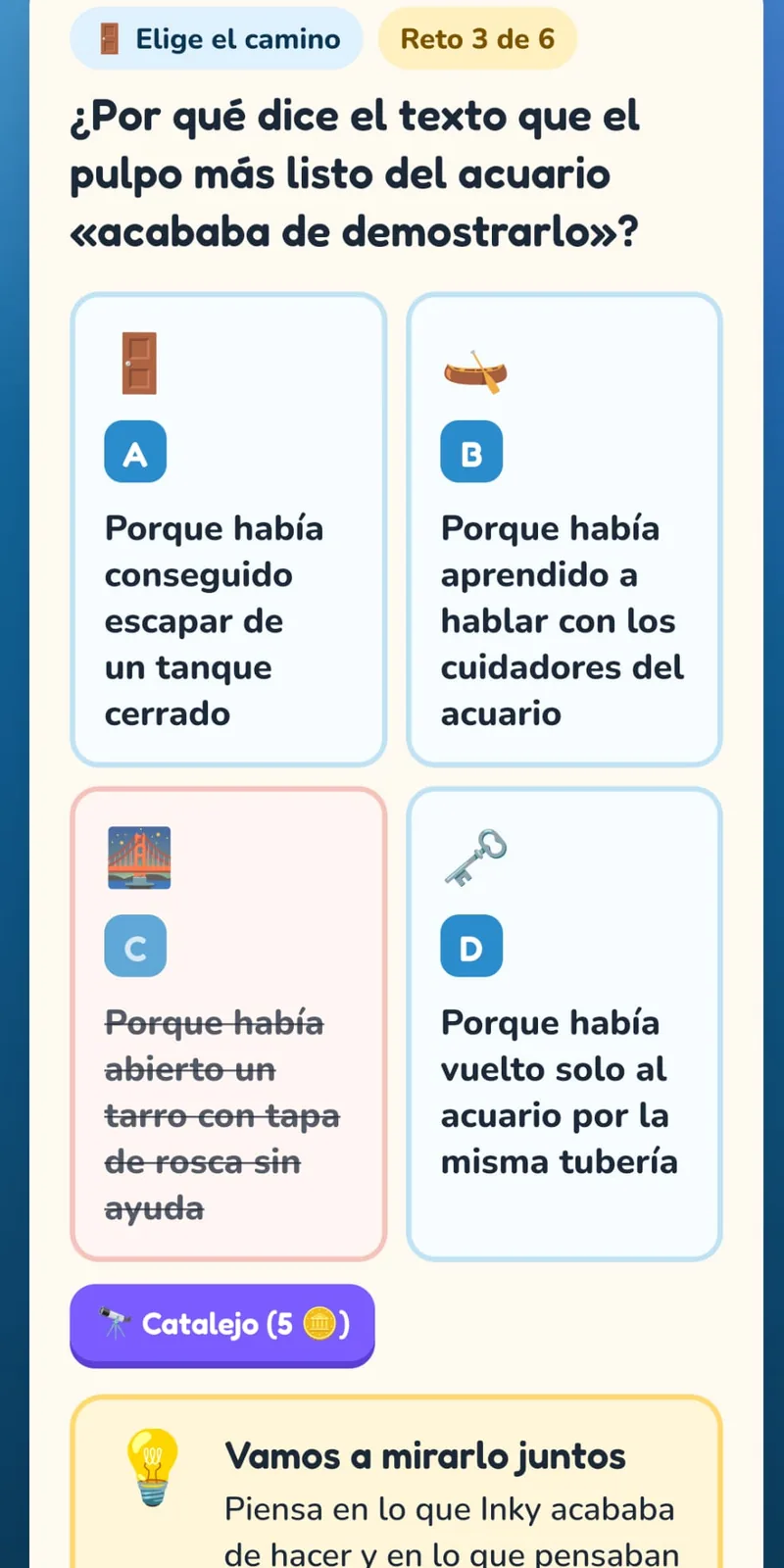 Captura de un reto de elegir el camino, con cuatro opciones, una descartada, y una pista