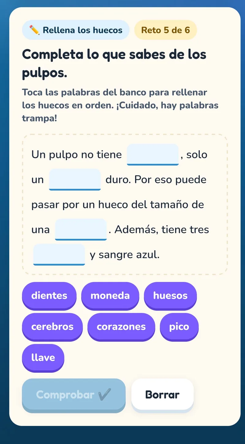 Captura de un reto de rellenar huecos con un banco de palabras