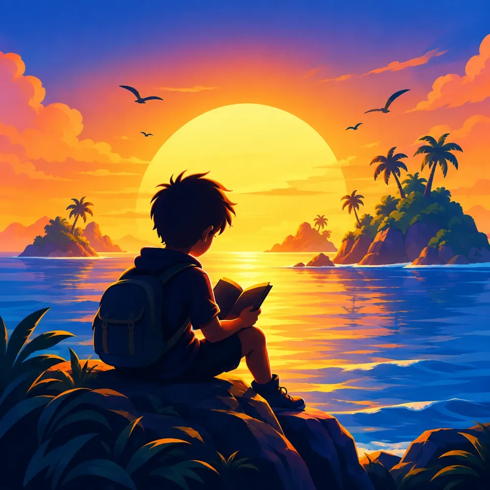 Un niño sentado en una roca lee un libro al atardecer frente a un archipiélago de islas con palmeras